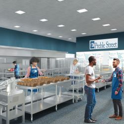 A rendering of a large kitchen, with folks talking and preparing food