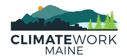 ClimateWork Maine's logo, including mountains, trees, and buildings in silhouette